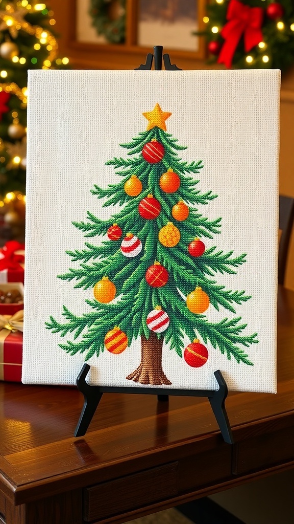 Christmas Tree Needlepoint Pattern A colorful needlepoint Christmas tree design with ornaments and a star, displayed on a table.